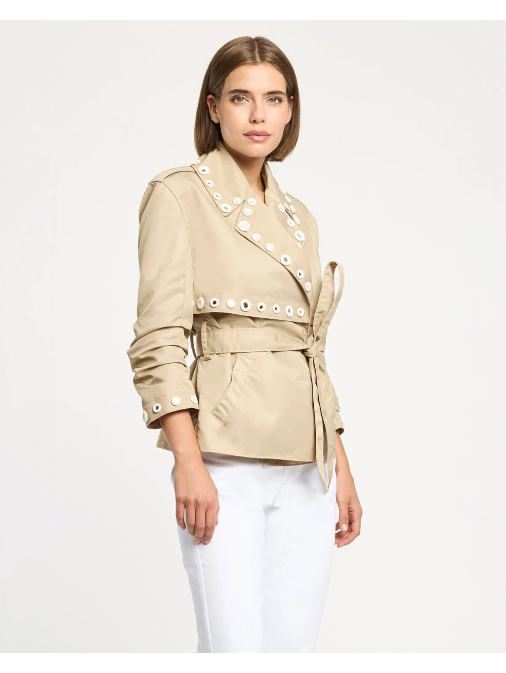 NEW, Cinq a Sept Crochet Mirrors Short Yates Trench in Khaki Ivory Sz XS #SJ2510 - Picture 3 of 10